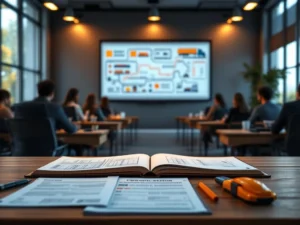 Moderne transportopleiding klaslokaal met vrachtwagenchauffeur trainingsmaterialen en veiligheidsdiagrammen op whiteboard