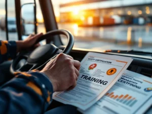 Vrachtwagenchauffeur houdt stuur vast met veiligheidscertificaten en trainingshandleidingen op dashboard zichtbaar