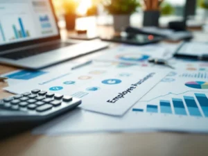 Professioneel bureau met rekenmachine, werknemersvoordelen documenten, laptop met spreadsheet en vrachtwagenschleutels