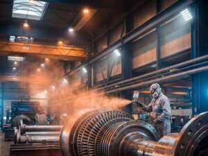 Professionele schilder in beschermende kleding spuit industriële apparatuur in fabriek met warme verlichting