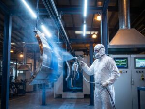 Professionele schilder in witte overall spuit blauwe coating op metalen machineonderdelen in moderne productiefaciliteit