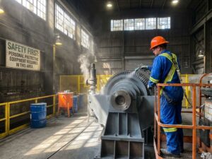 Industriële schilder in oranje veiligheidshelm en beschermende kleding verft grote machines in fabriek met veiligheidsborden