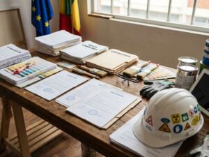 Internationale schilder werkplek met veiligheidsdocumenten, verfkwasten, helm en certificeringspapieren op houten bureau