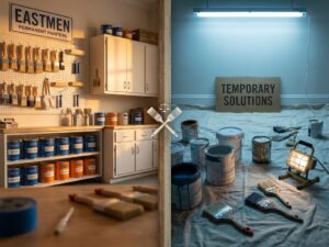 Vergelijking van permanente schilderwerkplek met georganiseerde gereedschappen versus tijdelijke opstelling met verspreide benodigdheden