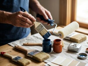 Professionele schilder houdt kwast en verfroller vast, omringd door verfgereedschap en kleurstalen op werktafel