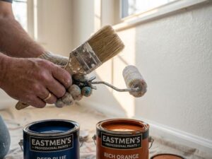 Professionele schildershanden met kwasten en verfroller bij verse witte muur met blauwe en oranje verfpotten