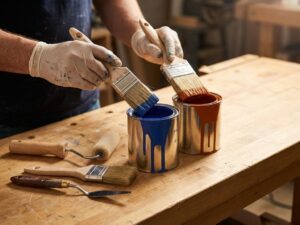 Professionele schildershanden met kwaliteitspenselen boven verfpotten met levendige kleuren op werkoppervlak
