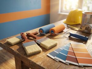 Professionele schildersgereedschap op houten werkbank met kwasten, verfrollers en kleurstalen in blauw en oranje