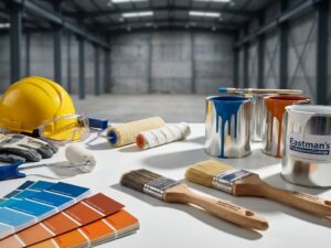 Professionele schildersgereedschap inclusief kwasten, rollers en verfpotten met blauwe en oranje kleurstalen op wit oppervlak