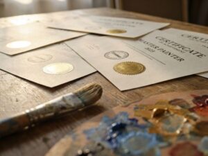 Officiële certificaten en diploma's met gouden zegels op houten bureau, omringd door schildersbenodigdheden en verfstalen