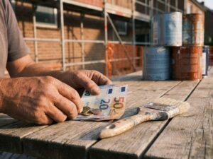 Verweerde handen houden Europese bankbiljetten en munten vast naast verfkwasten op houten oppervlak