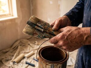 Verweerde schildershanden houden kwasten boven lege verfblik, met verfrollers en afdekmaterialen op achtergrond