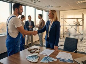 Professionele schilders en recruiters schudden handen bij bureau met kwastjes en kleurstalen, symboliseert recruitment partnerschap