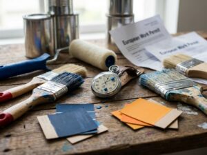 Professionele schildersgereedschap met penselen, verfrollers en kleurstalen rond een zandloper op houten ondergrond