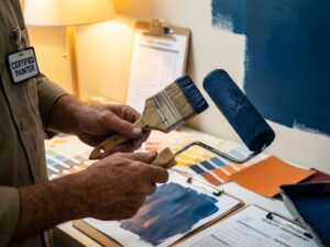 Professionele handen met kwaliteitspenseel en verfroller bij kleurstalen en evaluatieformulieren voor schilderwerk