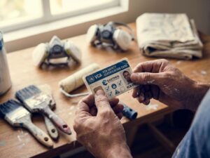 Verweerde schildershanden houden VCA veiligheidscertificaat vast met professionele verfgereedschap op werkoppervlak