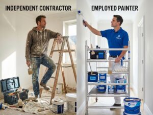 Gesplitst scherm toont zelfstandige schilder links en werknemer in bedrijfsuniform rechts met professionele verfbenodigdheden