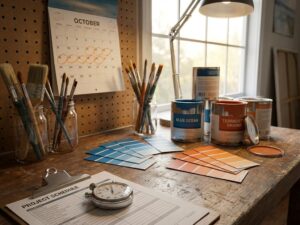 Professionele schilder werkruimte met verfkwasten in potten, kleurstalen, kalender en planning documenten op houten tafel