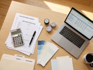 Kantoorbureau met administratieve documenten voor schilderwerving, contracten, rekenmachine en kleurenstalen