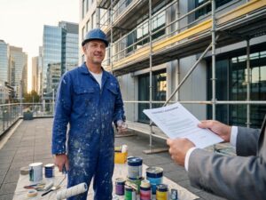 Professionele schilder in werkkleding ontvangt contract bij modern kantoorgebouw met steigers en verfgereedschap