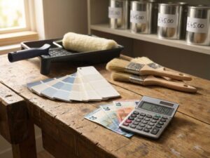 Professionele verfkwasten, rollers en kleurstalen op houten ondergrond met euro bankbiljetten en rekenmachine voor budgettering