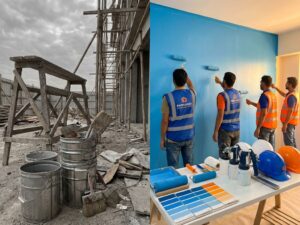 Gesplitst beeld toont leeg bouwterrein versus professionele schilders met Eastmen kleuren en Europese helmen