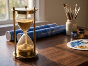 Gouden zandloper op houten bureau met architecturale blauwdrukken en verfkwasten, symboliseert tijdinvestering
