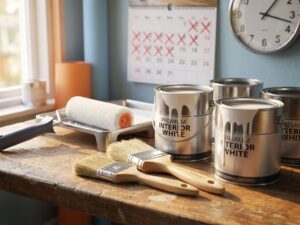 Professionele schildergereedschap met kwasten, roller en witte verfpotten op houten oppervlak met kalender op achtergrond