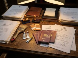 Houten bureau met Europese paspoorten, werkvergunningen en officiële documenten naast verfkwast en kleurstalen